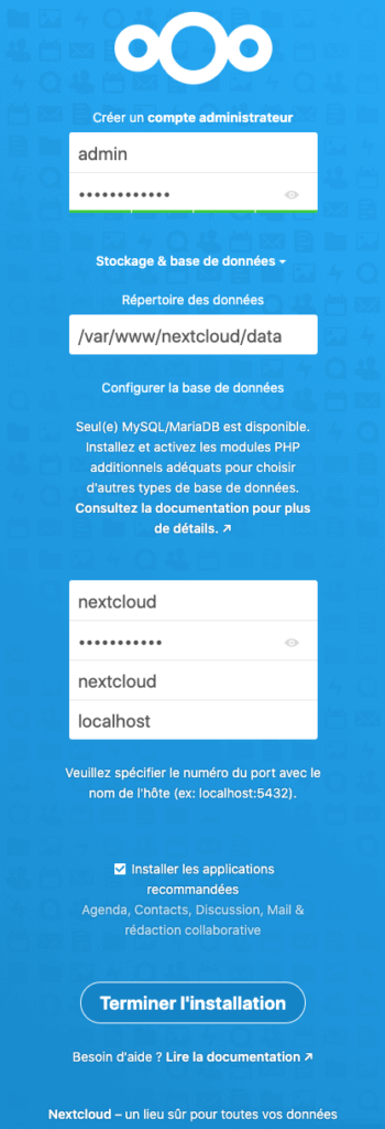 fenetre de configuration de nextcloud